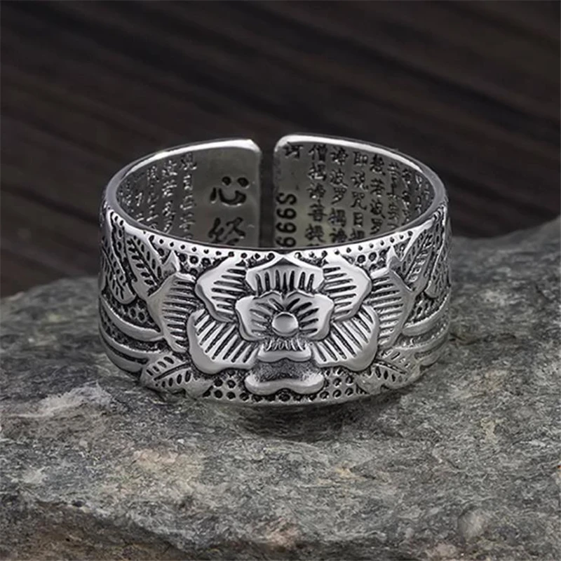 KOFSAC Тайский 925 пробы серебряные ювелирные изделия Открытое кольцо Винтаж амулет Будда Лотос Прибалтики буддийские Писания кольца для мужчин и женщин