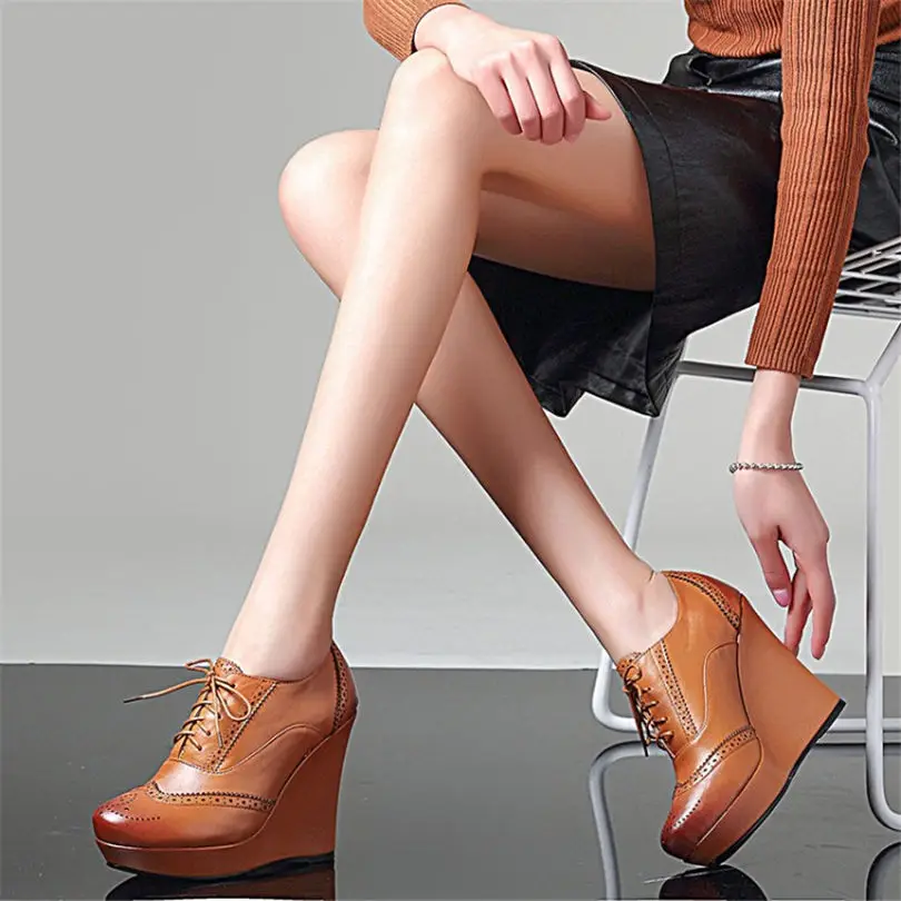 

NAYIDUYUN Women Genuine Leather High Heels Party Shoes Lace Up Wedge Platform Evening Pumps Low Top Round Toe Casual Shoes