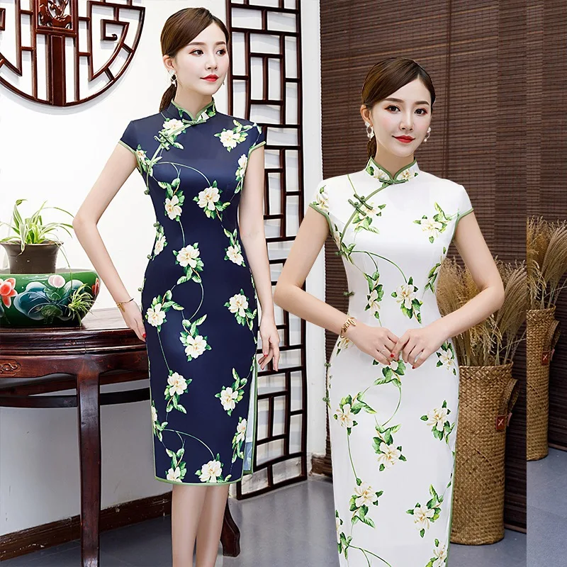 Сексуальная длина до колена Cheongsam 2019 летнее винтажное платье в китайском стиле Модные женские вискозные Qipao тонкие вечерние платья с