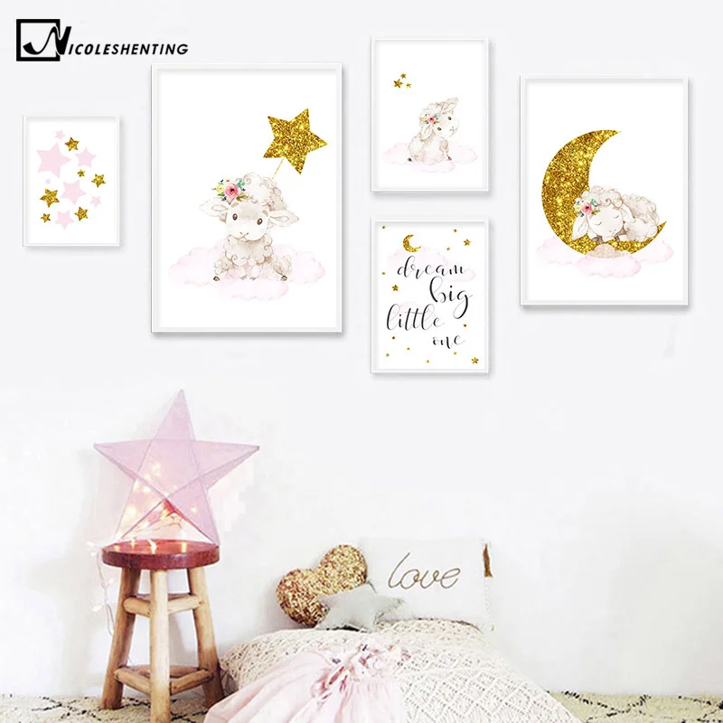 

Animal Sheep Lamp Wall Poster Nursery Quotes Art Print Moon Stars Painting Nordic Kids Decoration Picture Baby Child Room Decor