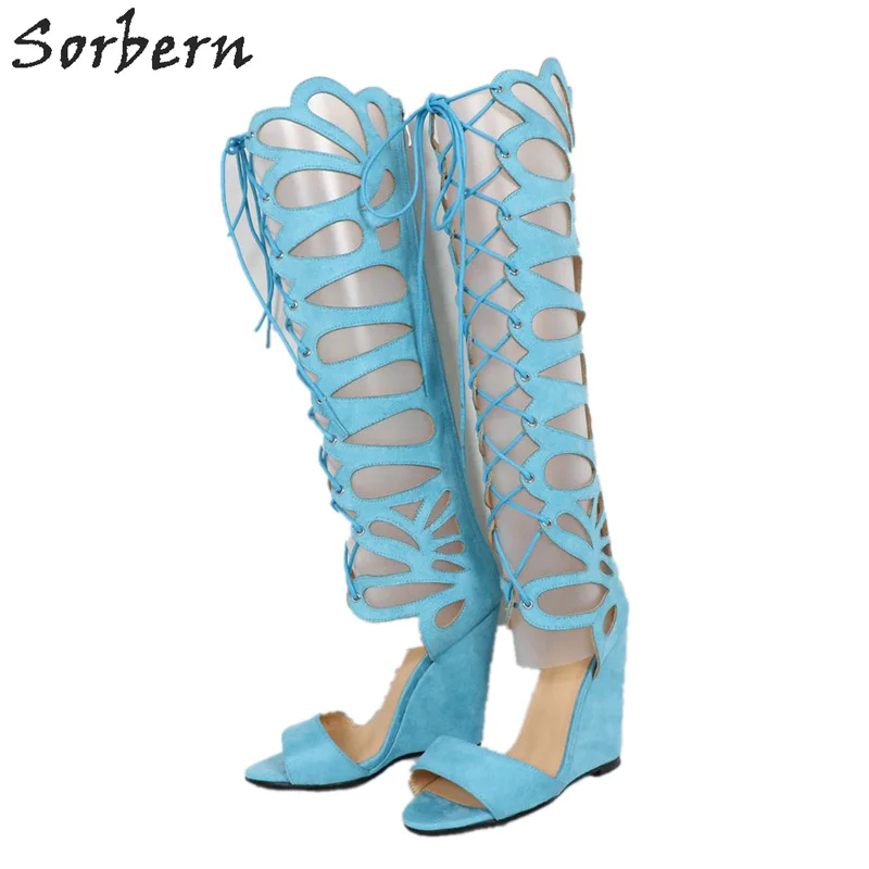 Sorbern/синие летние сандалии с павлином; сандалии-гладиаторы до колена на высокой танкетке; женские туфли на танкетке со шнуровкой
