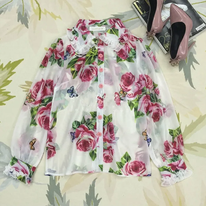 Корейская Акция распродажа район для женщин топы корректирующие Blusas Mujer De Moda Роза бабочка печатных древесины уха лепесток рукав шифоновая рубашк