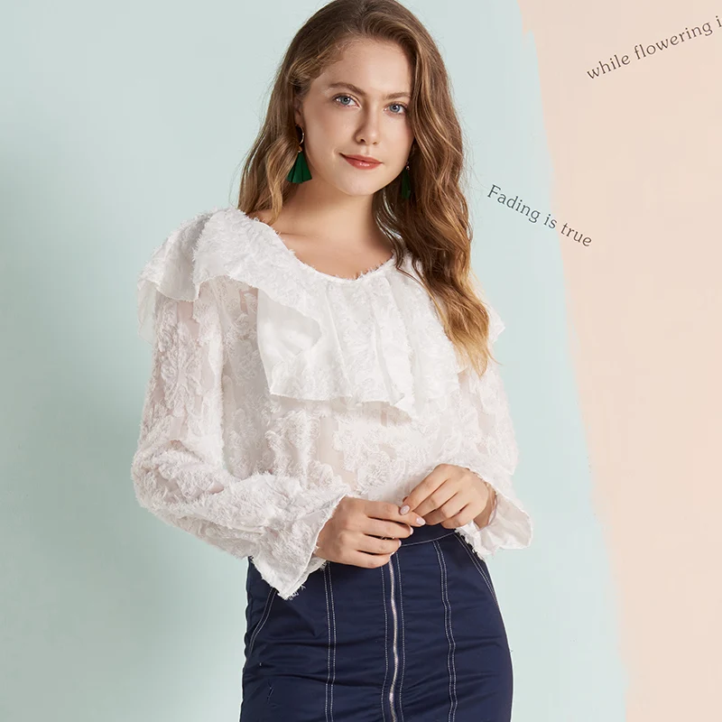 

Mostnica Elegant White Princess Shirt for Lady Lantern Long Sleeves V Neck Floral Appliques Ruffled Dobby OL Women Tops Female