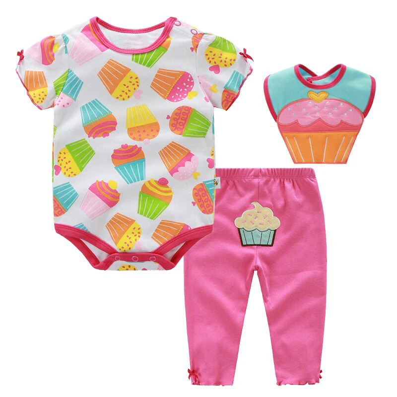  3 Pcs Baby Girl Clothes Set Summer Roupa Infantil Cotton Ice-cream Printed Baby Clothing Set Baby Romper+Baby Pants+Baby bibs (6)