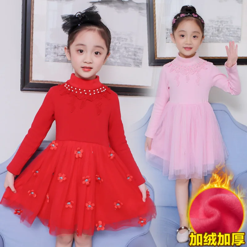 Kids Winter Dress for Girls Age 4 5 6 7 8 9 10 11 12 Years Crew Neck Floral Long Sleeve Knee Red Party Dress Kids Clothing 50T3B