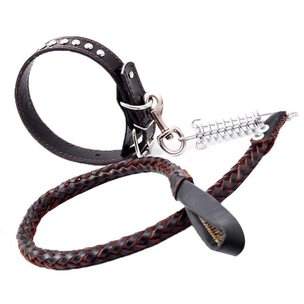 

Dog Supplies Leather Weave Buffer Spring Pet Long Leash Traction Rope Collar Set For Big Dogs Leather Braid Collar and Leash Set