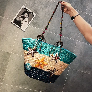 

2019 Hawaii Summer Beach Bag Handmade Straw Bag Beading Starfish Woven Shoulder Bag Bohemia Women Holiday Handbag Girls Tote