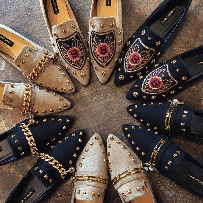 

designer metal chain women shoes 2018 gold rivets flat shoes women spring summer women flats ladies suede slip on black loafers
