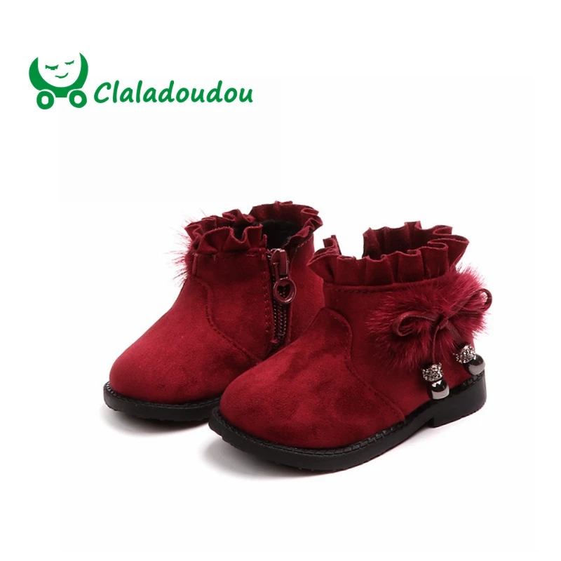

Claladoudou 12-14CM Brand Fashion Boots Shoes For Baby Girls Bowtie Princess Boots Red Warm Fluff Pompom Baby Infant Boots