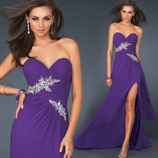 elegant purple long Bridesmaid Dresses 2016 simple high slit beaded