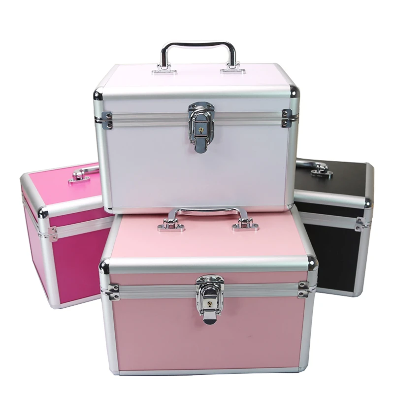 

Women Professional Aluminum Makeup Case Portable Travel Jewelry Train Case Cosmetic Organizer Case Box With Mirror Beauty Case