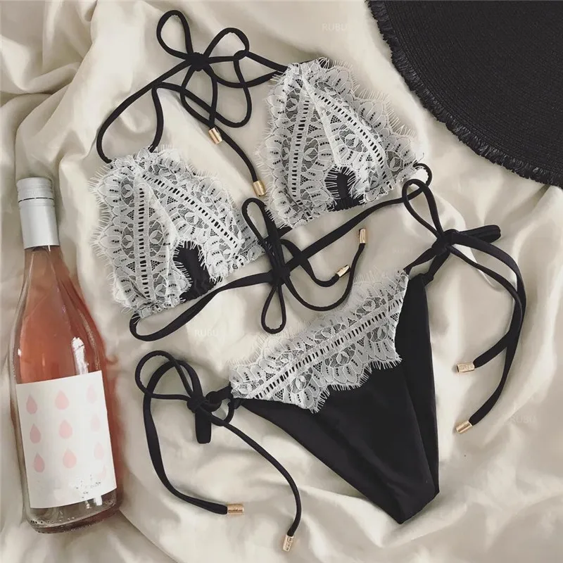 

Bikini 2019 Swimsuit Women Split Swimsuit Pure Color Lace Sexy Bikini Female Bandages Gather Maillot De Bain Swimsuit