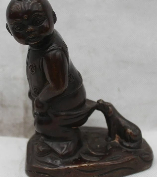 

6"China Chinese Folk Bronze Lucky Lifelike lovely Dog Bite Boy pants Statue