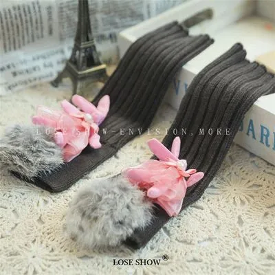 Женские перчатки с пушистыми помпонами и кроличьими ушками на запястье, теплые зимние весенние перчатки без пальцев