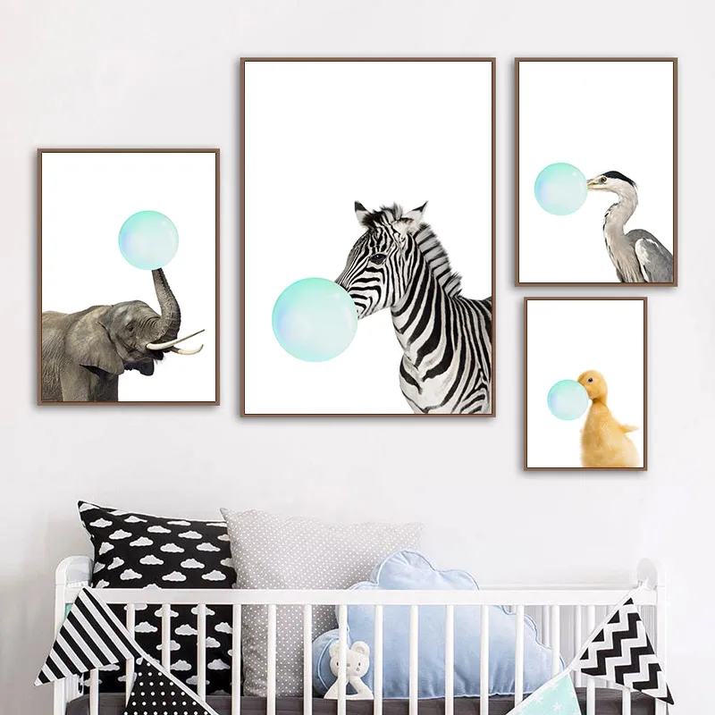 

Nordic Baby Room Painting Animal Blowing Bubbles Elephant Zebra Canvas Wall Art Picture for Kids Art Posters Living Room Decor