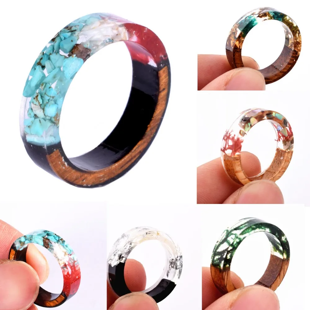 Novelty Handmade Wood Resin Ring With Flowers Plants 