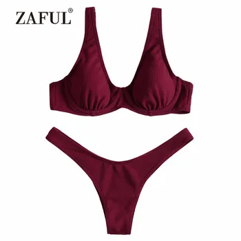 

ZAFUL Bikini High Leg Ribbed Texture Thong Bottom Bikini Swimwear Push Up Women Swimsuit Spaghetti Straps Solid Brazilian Biquni