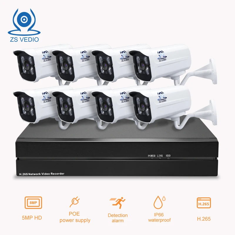 ZSVEDIO H.265 IP камера 8CH POE NVR 5.0MP CCTV комплект Открытый водонепроницаемый 4IR ночное