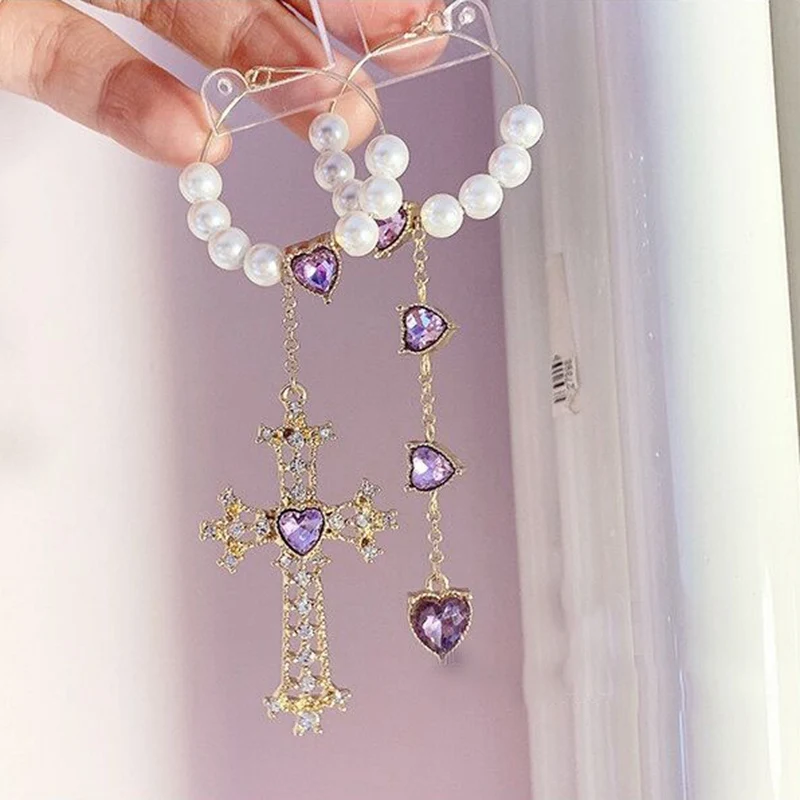 MENGJIQIAO корейский стиль жемчужные круглые серьги-кольца для женщин Асимметричный Фиолетовый Кристалл крест Букле д 'ореиль Ювелирные изделия Подарки