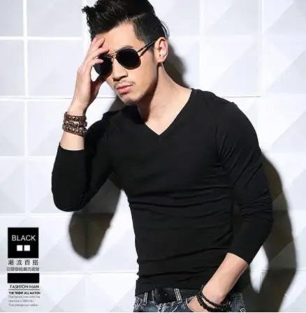 

CPI Korea Spring New T-shirt Casual Mens Cotton V Neck Long Sleeve T Shirt Men's Fashion Black White T-shirt