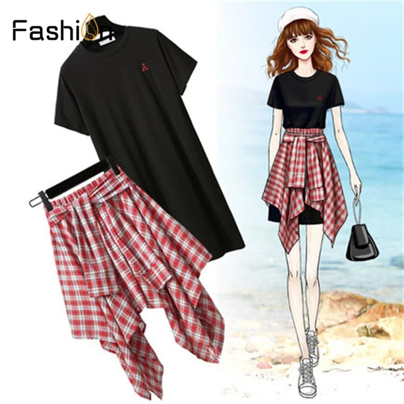 المرأة تي شيرت + تنورة 2 قطعة مجموعة أعلى و التنانير أسود لباس أبيض Bandge منقوشة تنورة اثنين من قطعة مجموعة النساء اثنين من قطعة وتتسابق