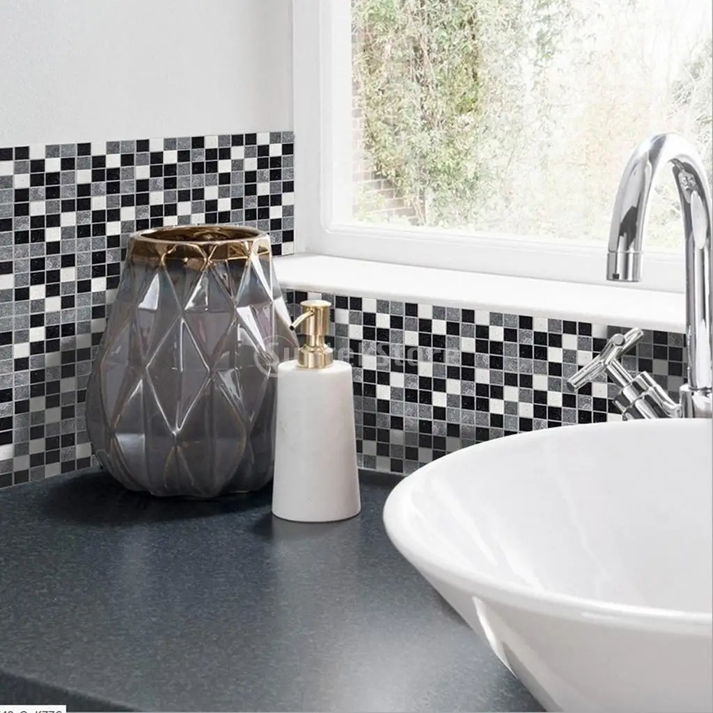 Black and White Mosaic Tile Stickers Self Adhesive Wall Sticker for Kitchen Bathroom Floor Wall Decoration