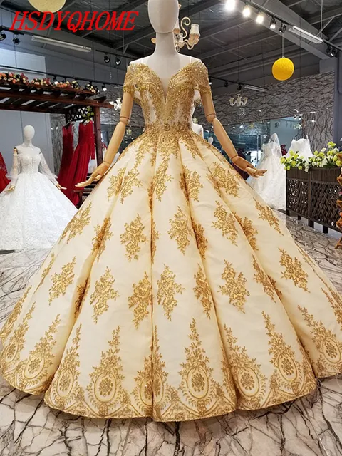 HSDYQHOME Amazing Gold Lace Wedding dress Ball Gown Bridal party ...