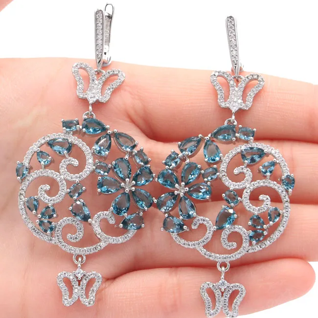 

Long Big Heavy 15.6g London Blue Topaz White CZ Ladies Party 925 Silver Earrings 73x33mm