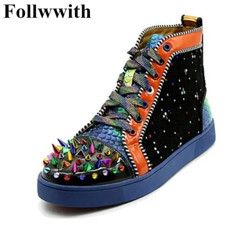 

2019 Follwwith Spikes Rivets High Top Mixed Colors Patchwork Fashion Men Casual Shoes Flats Lace Up Hommes Chaussures Sneakers