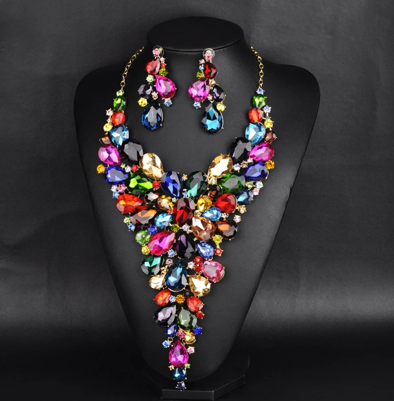 

Luxury Fashion Bridal Jewelry Sets Gorgeous Crystal Rhinestone colorful Necklace Earring For Brides Wedding Dress Accessories