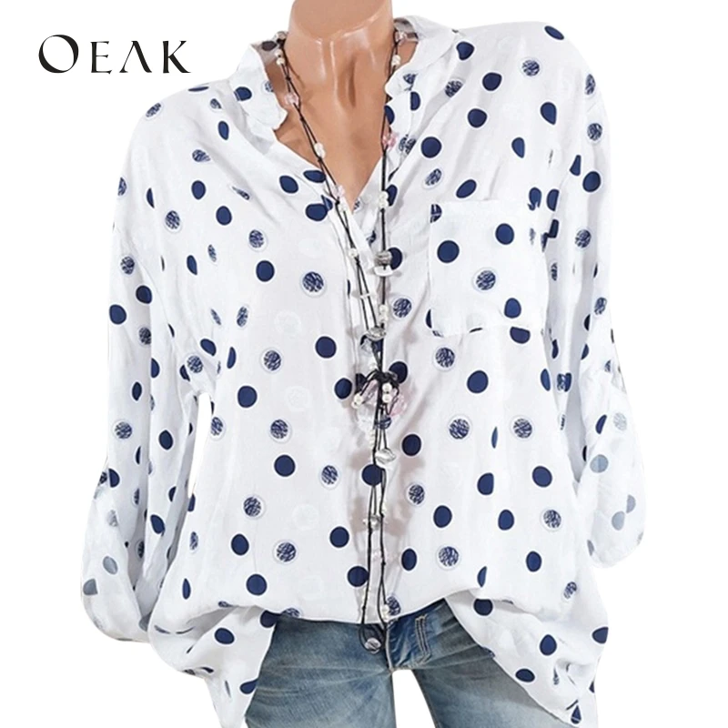 

Oeak 2019 Spring Summer Elegant Women's Shirt Casual Polka Dot Print Stand Collar Long Sleeved Head Patch Pocket Button Shirt
