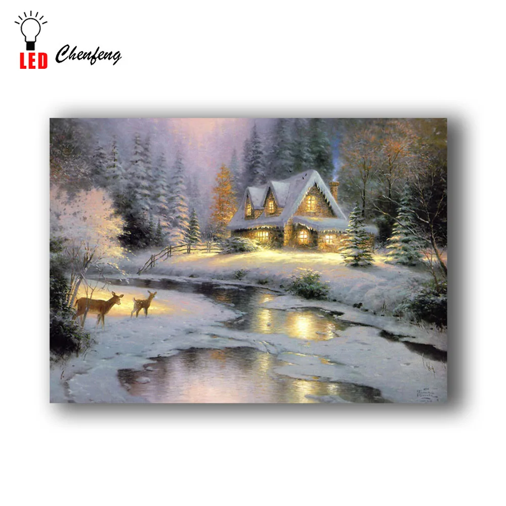 Online Weihnachten winter schnee nacht cottage mit fluss wand grafik bild führte leinwand leuchten ölgemälde HD gedruckt hause decor