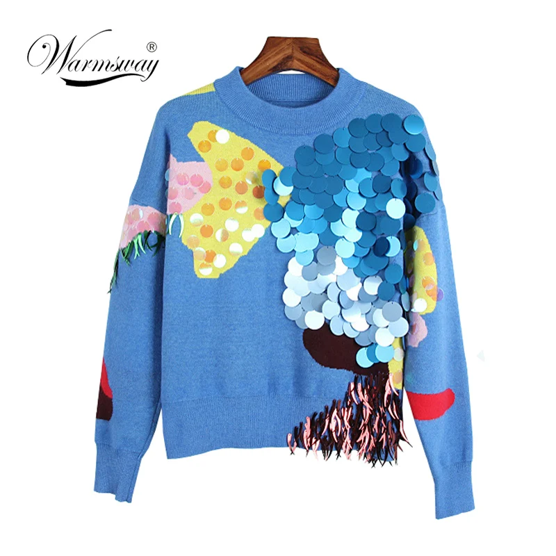 2018 Spring New Fashion Women Short Sweaters Full Sleeve O-Neck Sequined Blue Pullovers Computer Knitted Pageant C-017