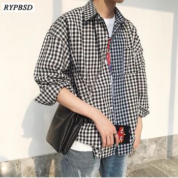 

New Long-sleeved Black White Plaid Men Shirt Loose Fashion Casual Social Shirt Men Streetwear Korean Fashion Plaid Casual Shirt
