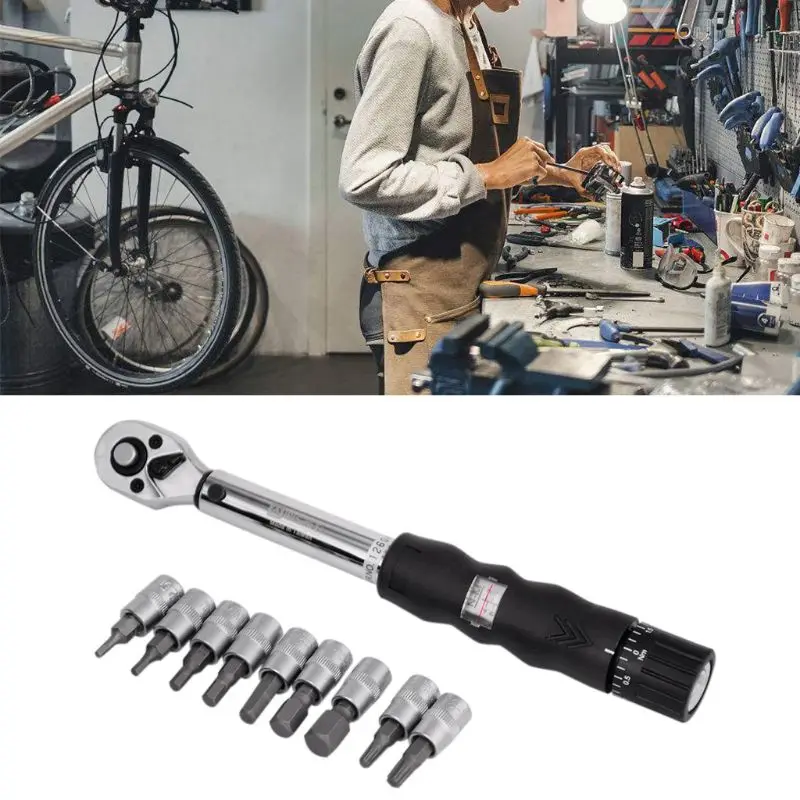 

1/4" 2-14Nm Drive Click Torque Wrench Hand Spanner + 9 Socket Bits + Box Set Bike Bicycle Tool