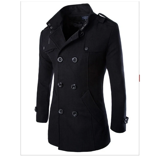 Autumn Long Wool Coat Men Fashion Turn-down Collar Wool Blend Double Breasted Pea Coat Jacket Men Overcoats Jacket - Цвет: black