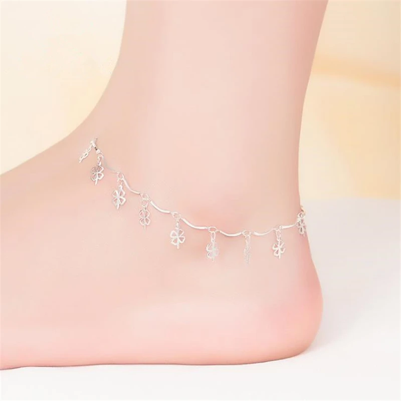 KOFSAC Summer New 925 Sterling Silver Chain Anklets For Women Beach Party Lucky Four Clover Ankle Bracelet Foot Jewelry Gifts KOFSAC Summer New 925 Sterling Silver Chain Anklets For Women Beach Party Lucky Four Clover Ankle Bracelet Foot Jewelry Gifts