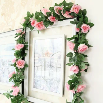 

NuoNuoWell 16Heads Hot Artificial Silk Rose Flower Strings Ivy Vine Garland Wedding Home Room Flower Decor Pink Red Purple