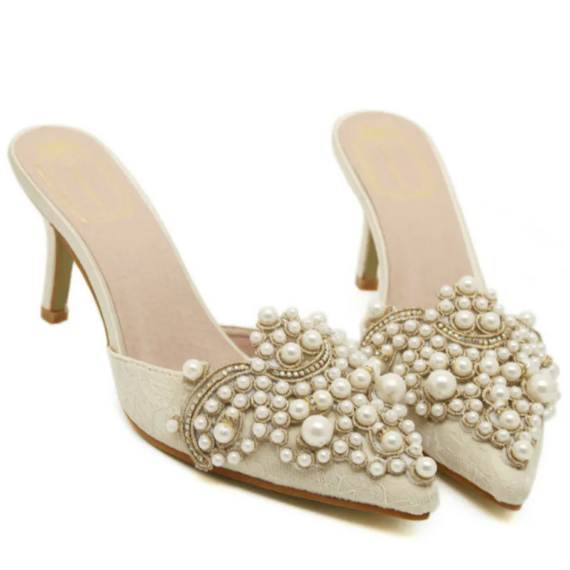 

2018 Women Fashion Pearl Rhinestone Shoes Lady Lace High Heel Sandals Female Stiletto Beaded Slipper