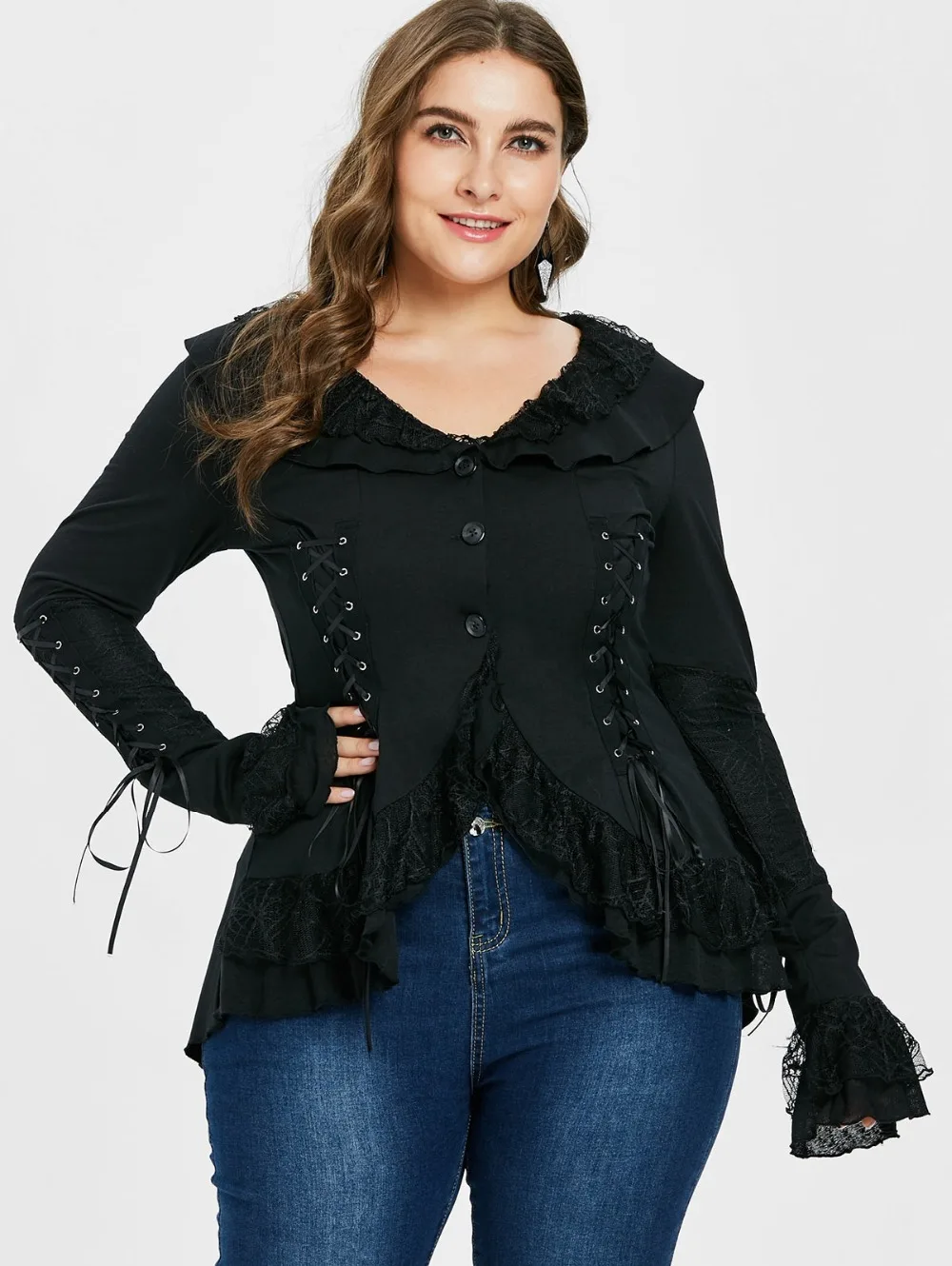Buy Black Ruffle Dip Hem Coat Halloween Lace Detail