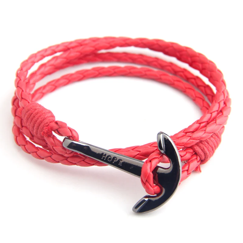NIUYITID мужские браслеты кожаный браслет ювелирные изделия 40 см длина коричневая веревка из полиуретана Серебряный якорь человек Шарм Braclet аксессуары - Окраска металла: red black