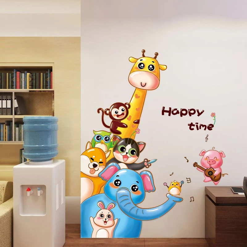 

Happy Time Cartoon Animal Wall Stickers for Party Decoration Company Living Room Background Art Poster Home Decals Decor DC18