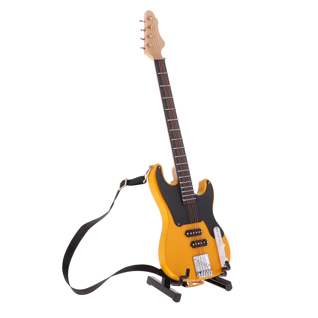 1/6 BJD Wooden Electric Bass Model with Stand and Strap Dolls House Miniature Display Decor Yellow