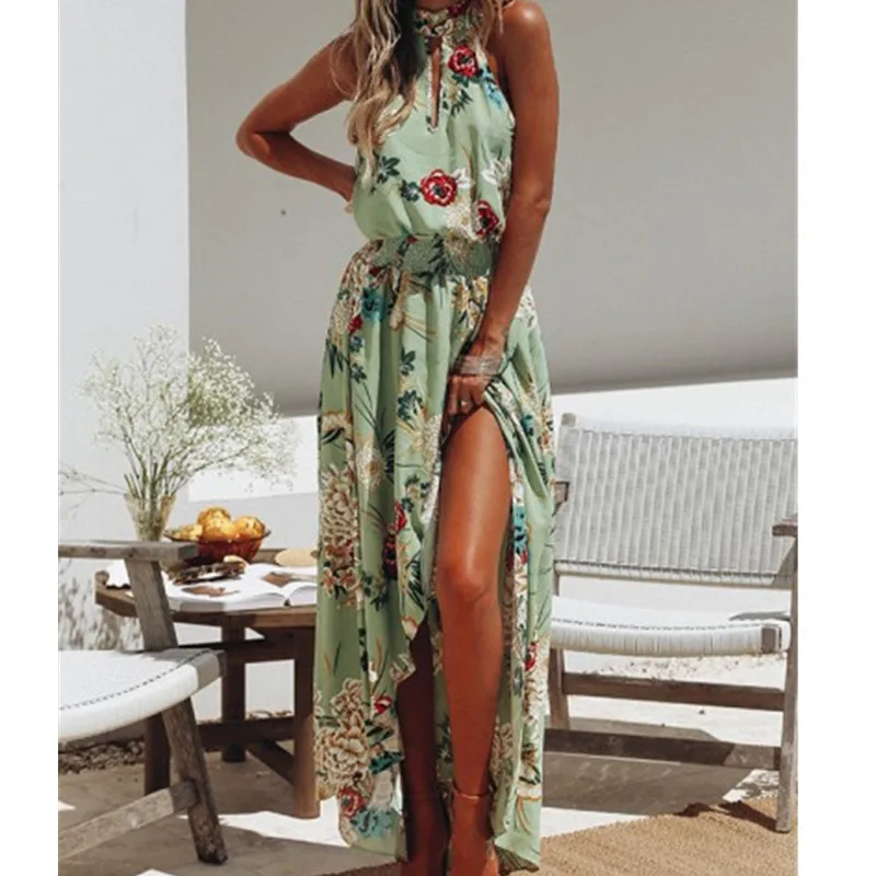 النساء بوهو ماكسي لونغ اللباس الأزهار طباعة الرسن قبالة الكتف شاطئ عطلة عارضة الصيف فستان الشمس كشكش عالية الخصر مثير S-XL