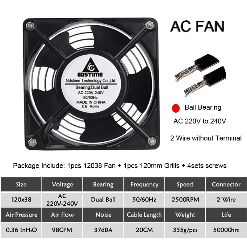 220V-240V Ball Gdstime Вентилятор охлаждения 120 мм 12 см 12038 мм x 120 мм x 38 мм чехол для компьютера вентилятор 12 В 24 в 48 в 120 в 110 в 115 в 220 в 240 В шариковый охлаждающий кулер - Цвет лезвия: 220V-240V Ball