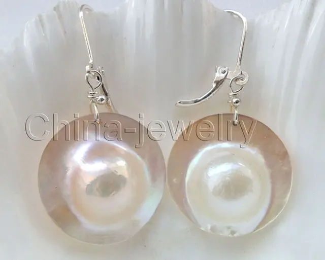 Aaa 22mm Natural White Sea Water Mabe Blister Pearl Earring 925 Aaa 22mm Natural White Sea Water Mabe Blister Pearl Earring 925 Silver