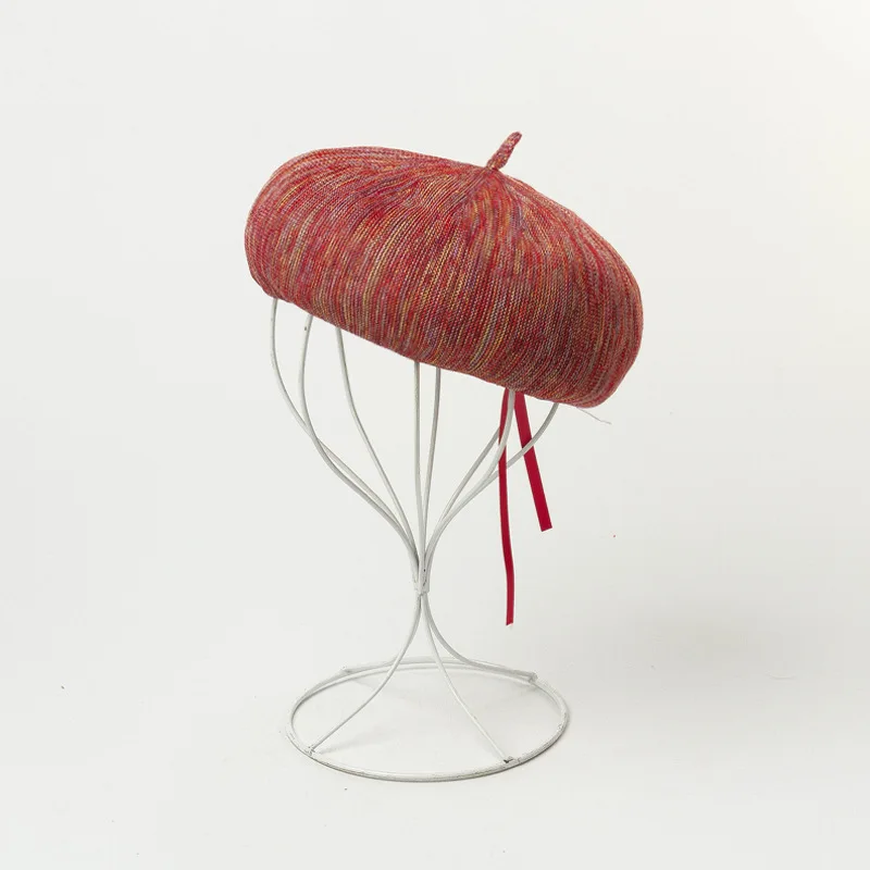 Летняя Повседневная простая дышащая лента на шнурке, регулируемый вязаный берет живописца, шляпа, женская розовая шляпа с помпоном, горячая художественная французская шляпа