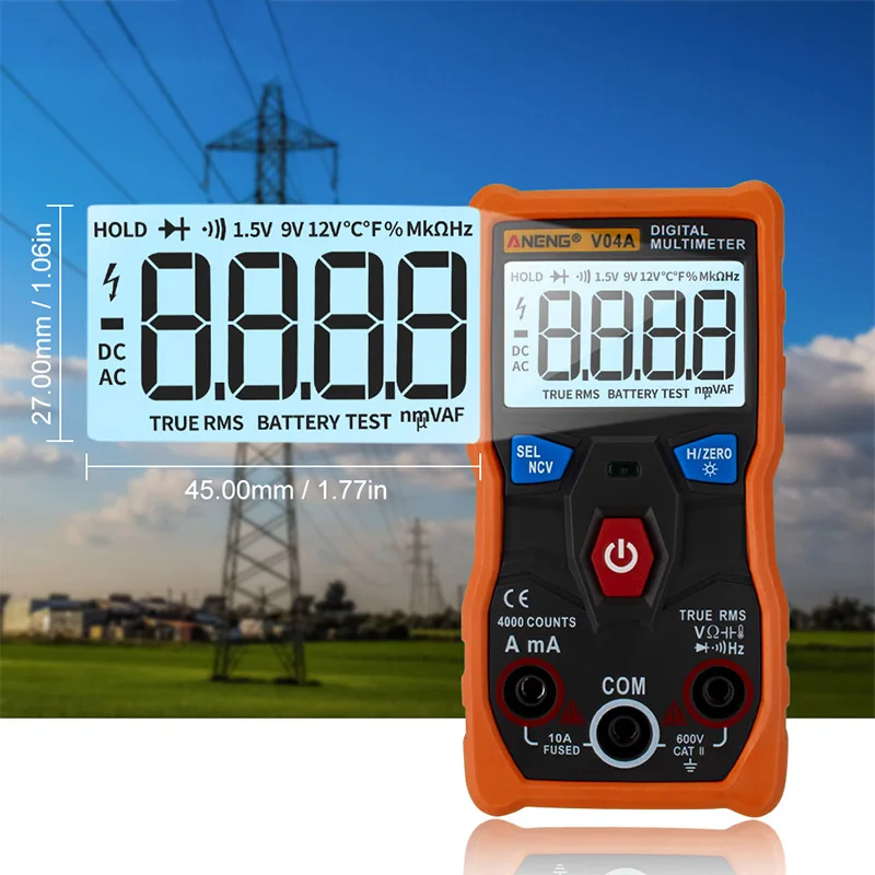 

V04A Digital Multimeter 4000 Counts HD Backlight Screen AC/DC Resistance Capacitance Frequency Duty Cycle Tester Meter H
