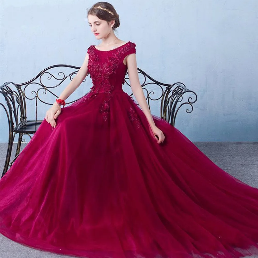 

Robe de Soiree 3D Floral Print Long Burgundy Beaded Prom Dresses 2019 Tulle Formal Evening Dresses Party Gown