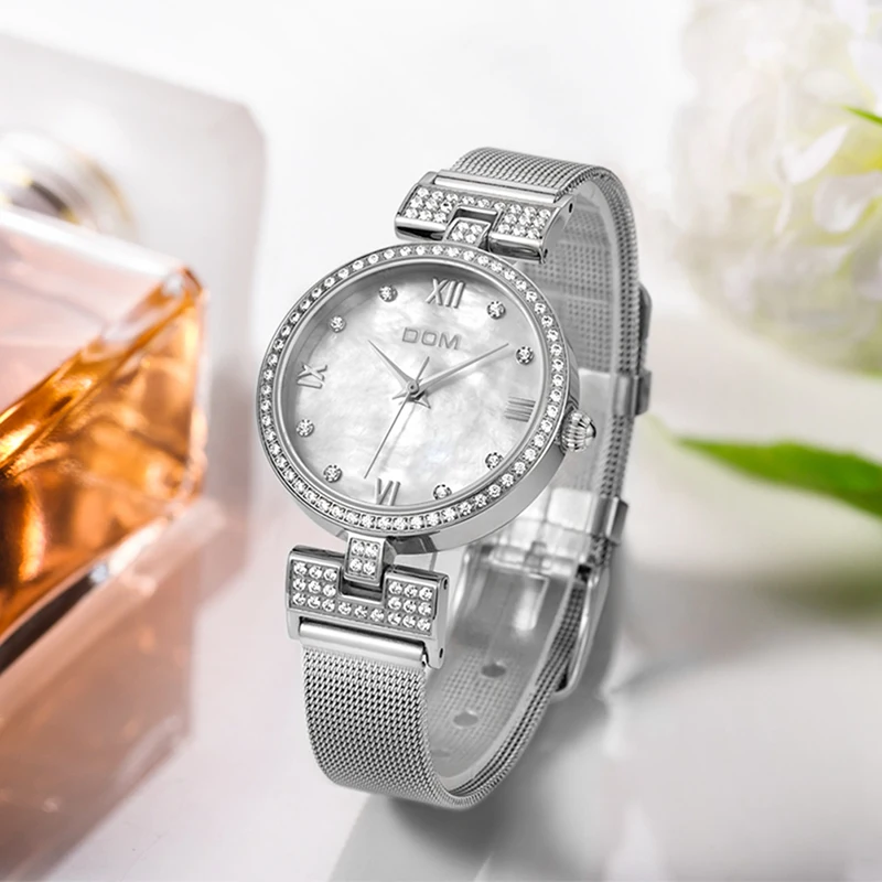 DOM Sliver Mesh Stainless Steel Watches Women Top Brand Luxury Korean Casual Quartz Clock Ladies Wrist 3